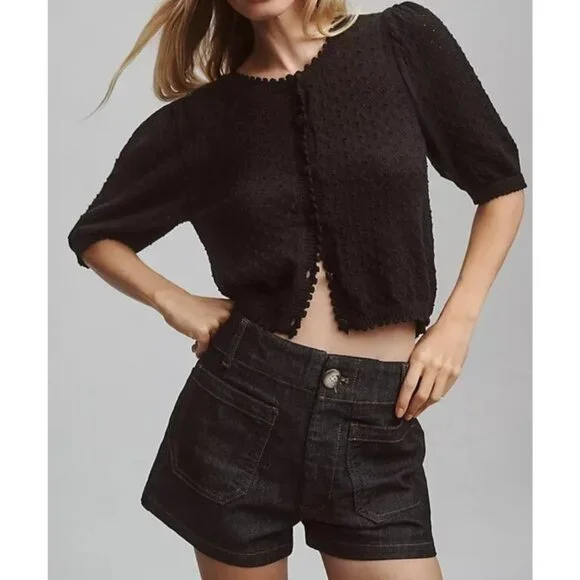 NEW By Anthropologie Womens XL Black Puff Sleeve Pointelle Knit Cardigan Sweater - Picture 2 of 13